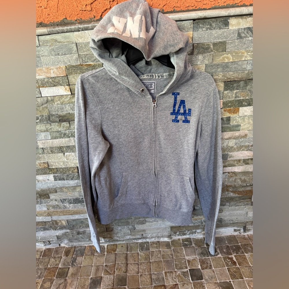 Dodgers pink  Gray Zip-Up Hoodie with Blue LA Logo - Picture 2 of 6